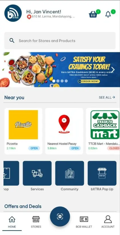 The bXTRA PH app home screen, showing the cashback balance, nearby stores and the bXTRA Pop Up tile.