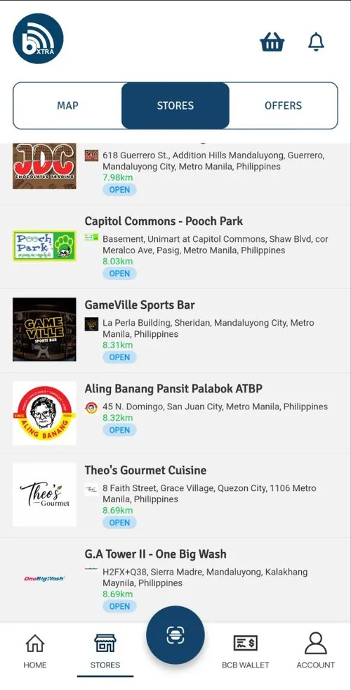 The stores list in the bXTRA PH app: Map, Stores and Offers tabs, and nearby stores — Pooch Park, GameVille Sports Bar, Aling Banang, Theo's Gourmet, One Big Wash — each with its address, distance and an Open badge.