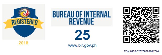 Bureau of Internal Revenue registration mark — BIR Registered 2018, www.bir.gov.ph, with verification QR code. RSN 043RC20250000001744.