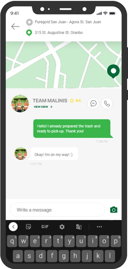 The My Basurero app tracking a collection: the pick-up and drop-off addresses, a map, the assigned crew with their rating, and a message thread with them.