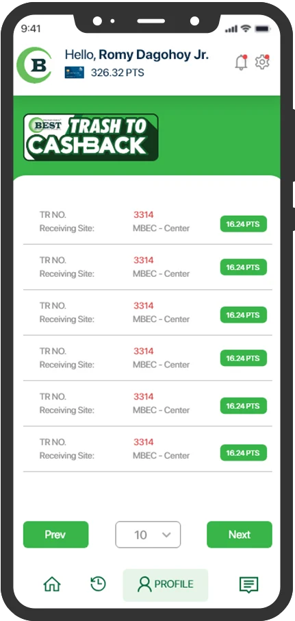 The My Basurero app's Trash to Cashback screen: an Environmental Points balance at the top and a list of exchanges, each showing its receiving site and the points earned.