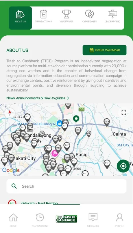 A map of Metro Manila covered in exchange-centre pins, with a search box and a list of centres beneath it.