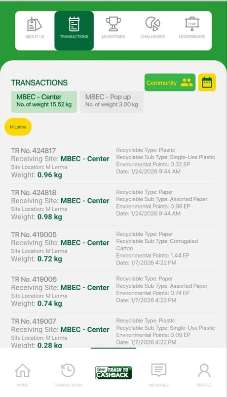 An itemised list: each transaction number with its receiving site, recyclable type and sub-type, weight in kilogrammes, points and date.