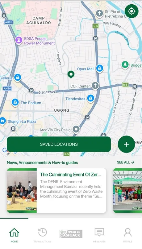 The My Basurero home screen: a map of your area with saved pick-up locations, a button to add one, and a news feed below.