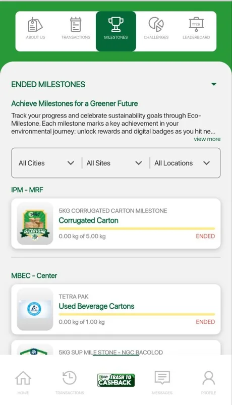 The milestones screen: per-site targets such as corrugated carton and used beverage cartons, each with a progress bar towards a weight goal.