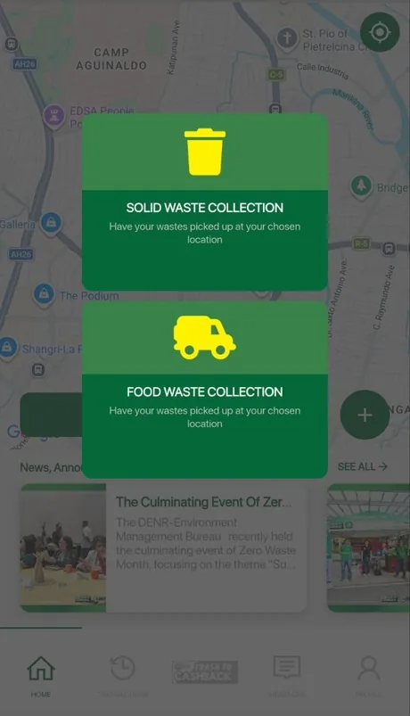 Two choices on the home screen: Solid Waste Collection and Food Waste Collection, each offering to pick waste up at your chosen location.