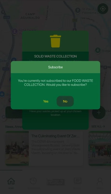 A prompt asking whether to subscribe to food waste collection, over the home screen's two collection options.
