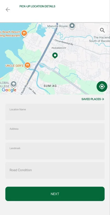 The pick-up location screen: a map with a dropped pin, and fields for location name, address, landmark and road condition above a Next button.